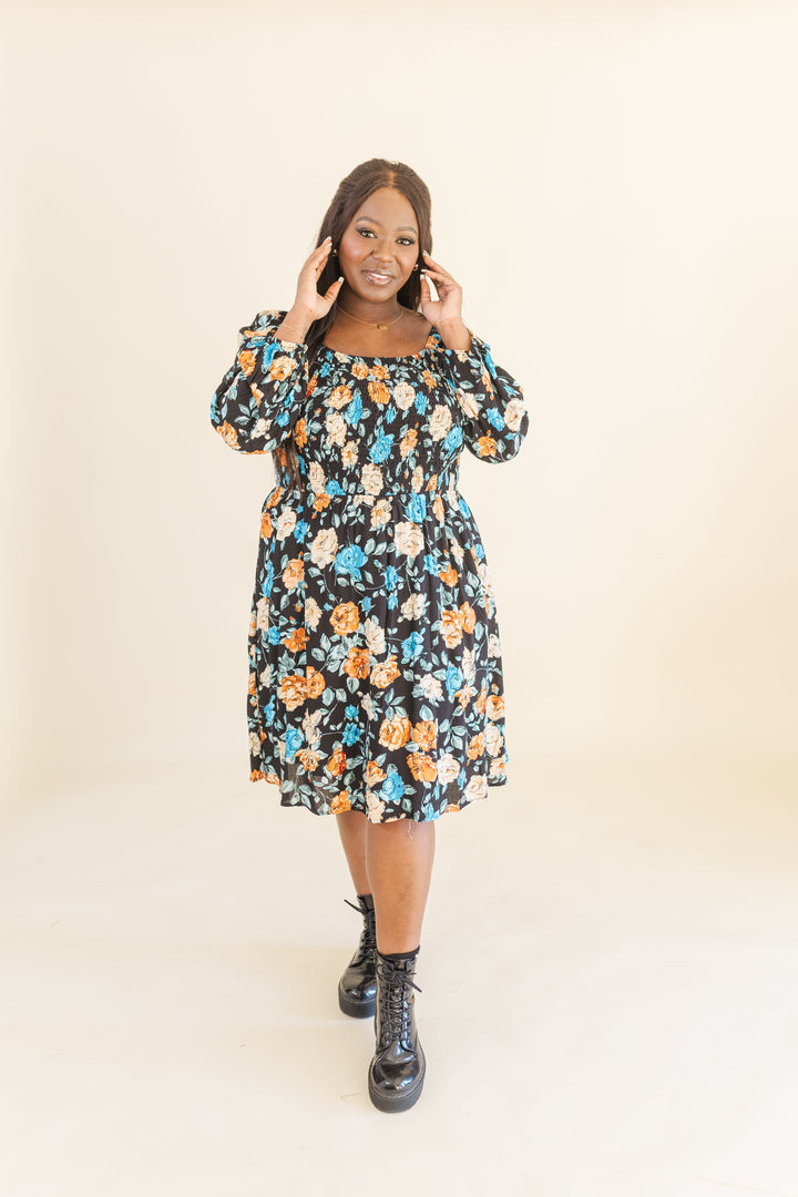 Calista Long Sleve Smocked Short Dress in Black