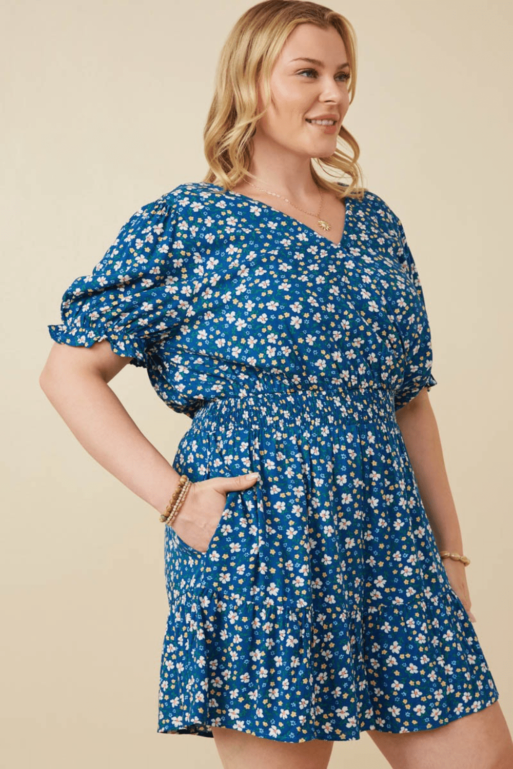 Cassidy Floral Surplice Smocked Waist Romper in Blue - FINAL SALE