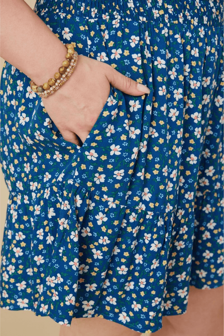 Cassidy Floral Surplice Smocked Waist Romper in Blue - FINAL SALE