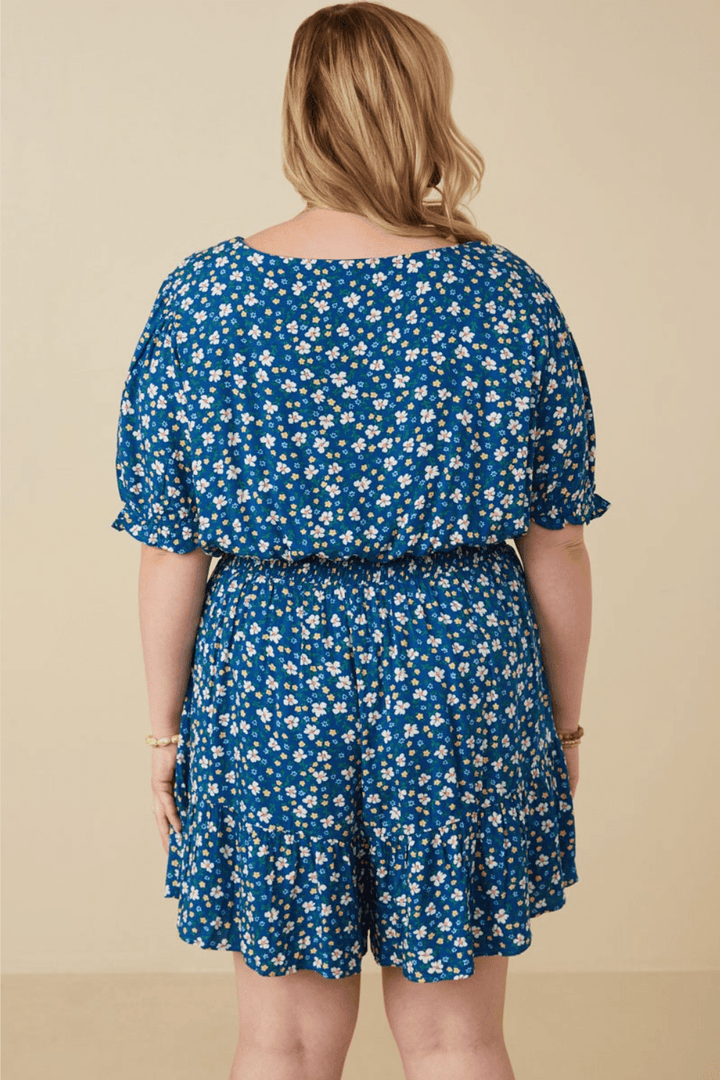 Cassidy Floral Surplice Smocked Waist Romper in Blue - FINAL SALE