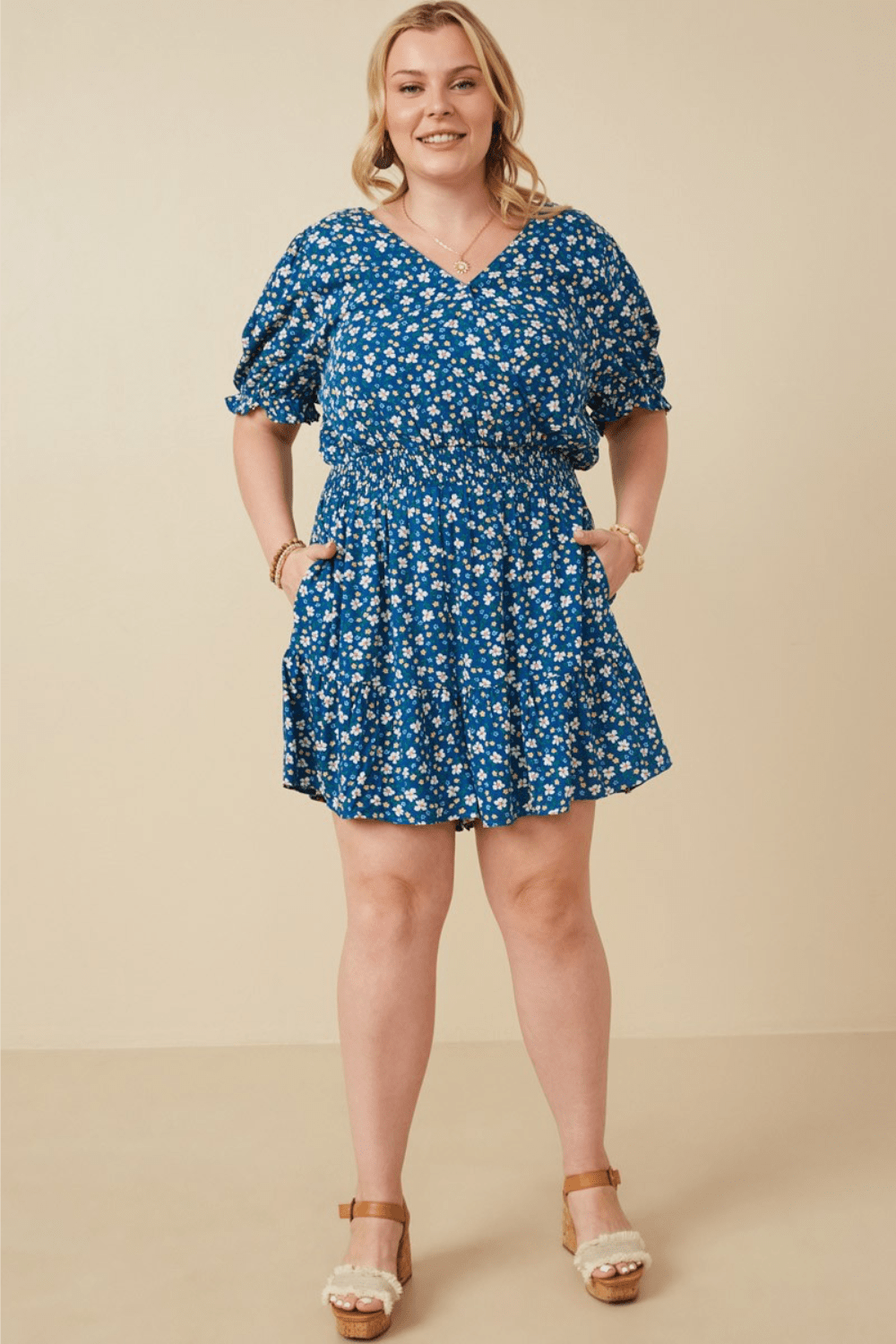 Cassidy Floral Surplice Smocked Waist Romper in Blue - FINAL SALE