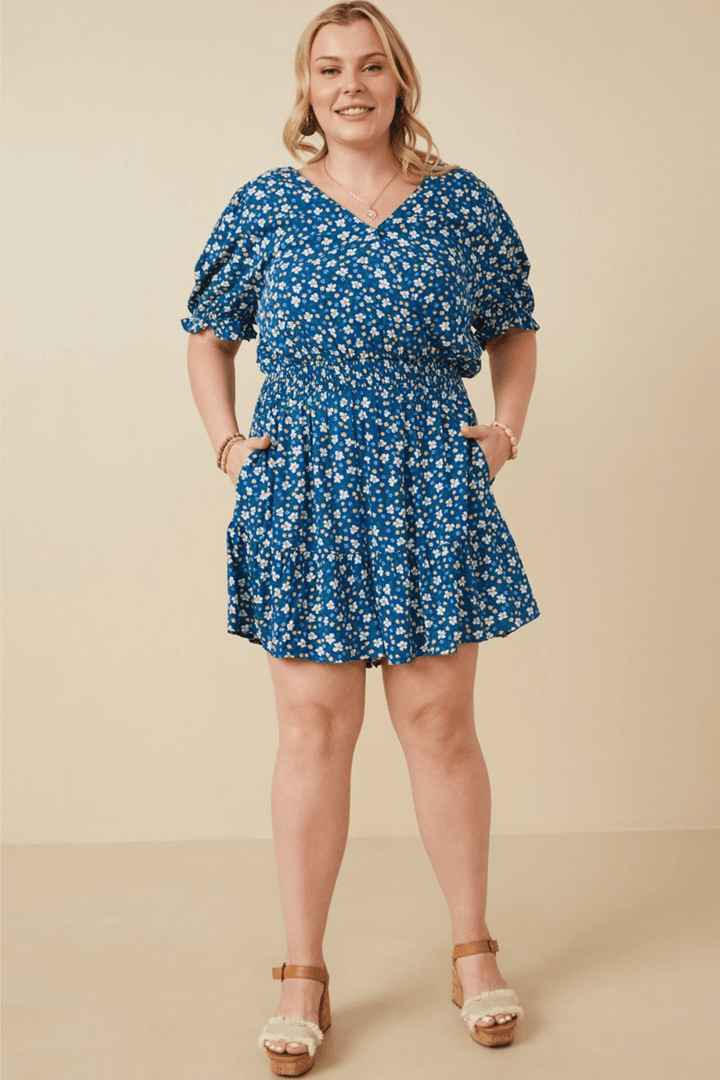 Cassidy Floral Surplice Smocked Waist Romper in Blue - FINAL SALE