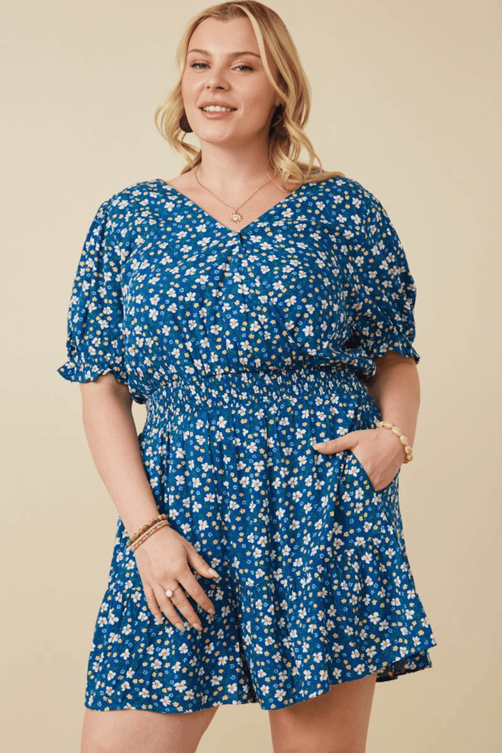 Cassidy Floral Surplice Smocked Waist Romper in Blue - FINAL SALE
