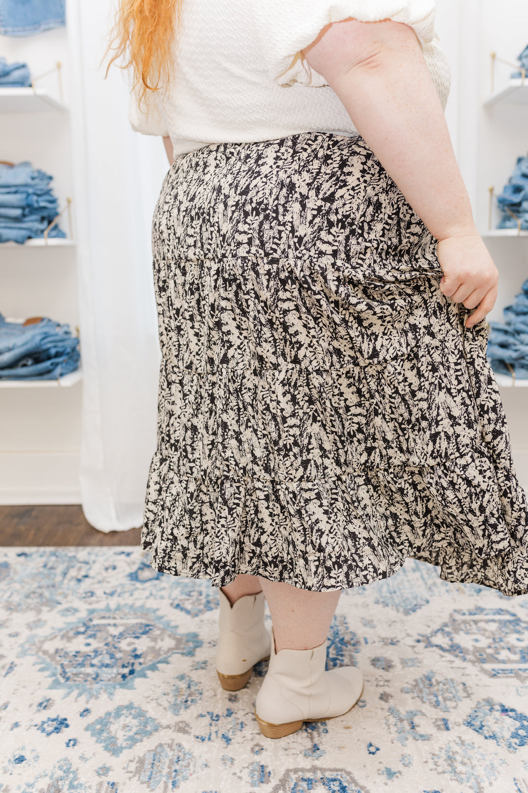 Catrina Tiered Midi Skirt in Black Abstract - FINAL SALE