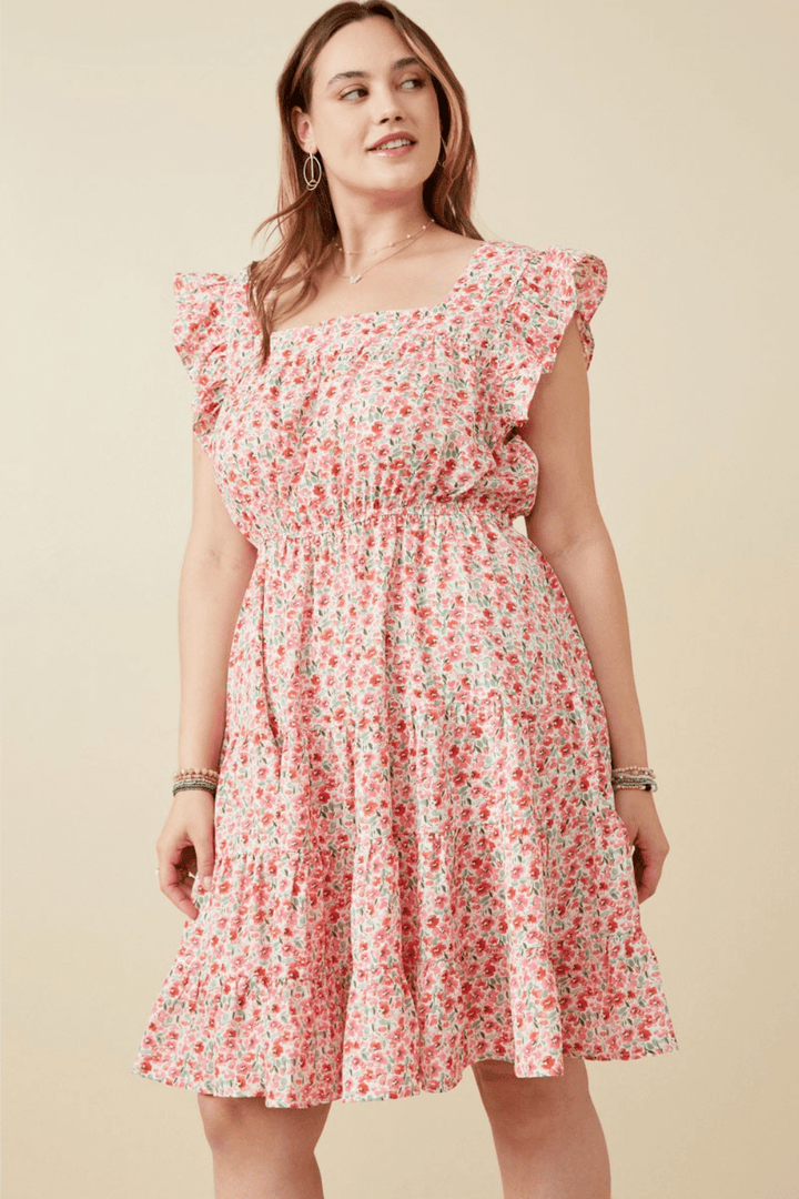 Chelsea Floral Print Square Neck Ruffle Shoulder Dress in Red - FINAL SALE