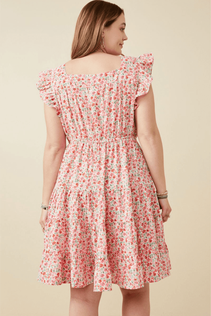 Chelsea Floral Print Square Neck Ruffle Shoulder Dress in Red - FINAL SALE