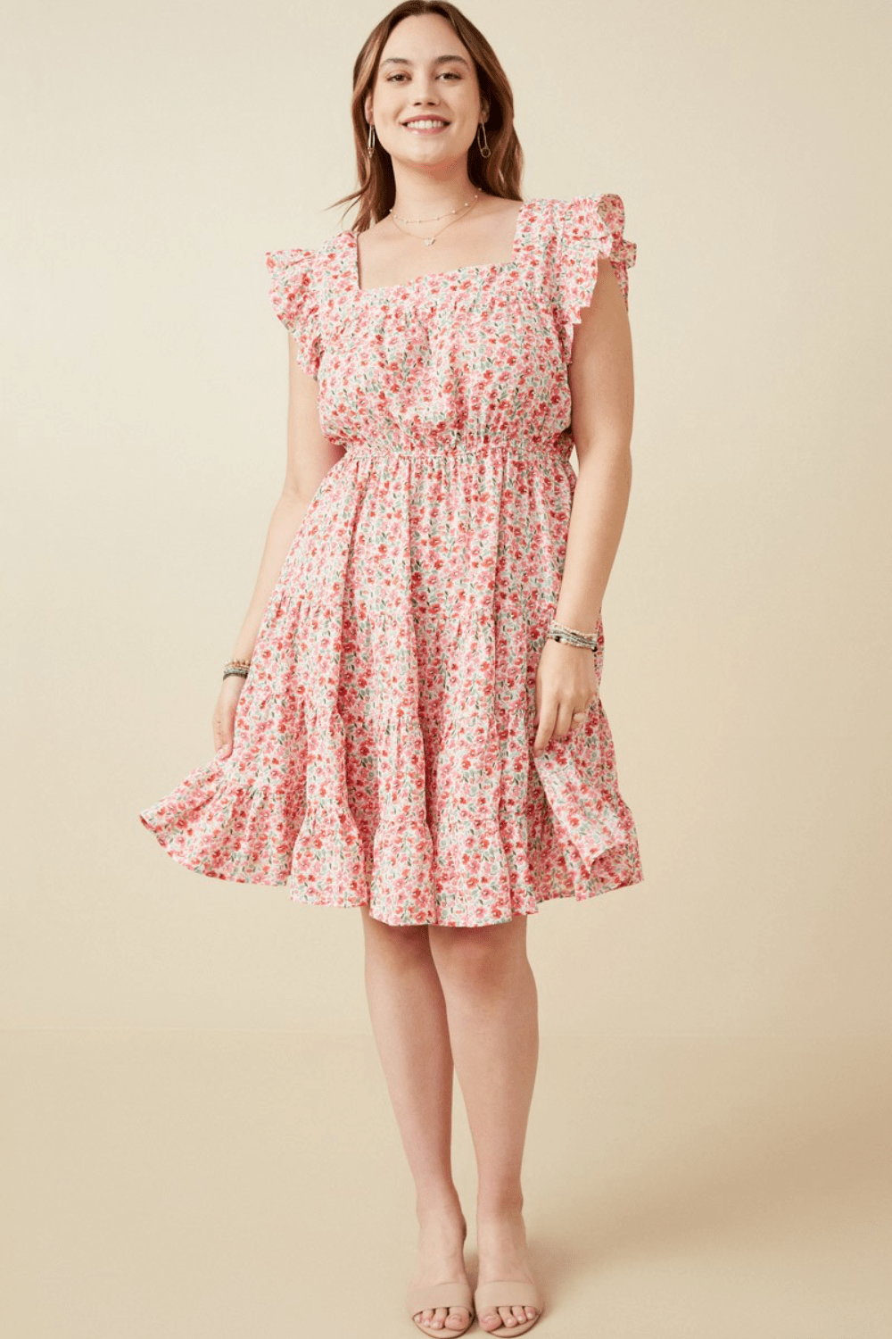 Chelsea Floral Print Square Neck Ruffle Shoulder Dress in Red - FINAL SALE