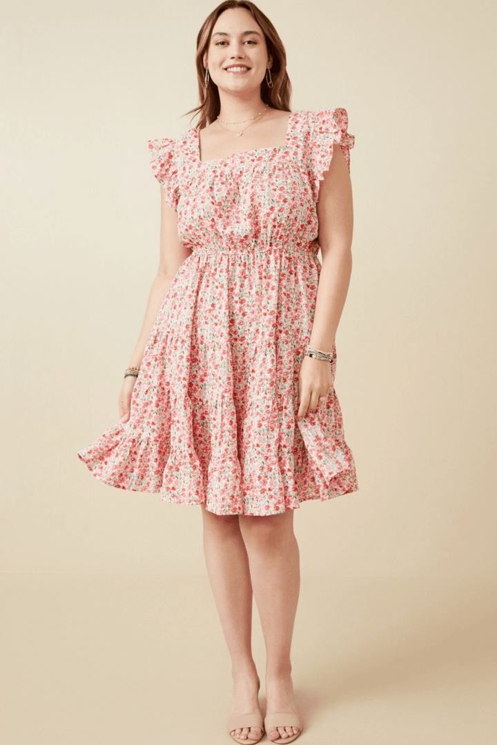 Chelsea Floral Print Square Neck Ruffle Shoulder Dress in Red - FINAL SALE