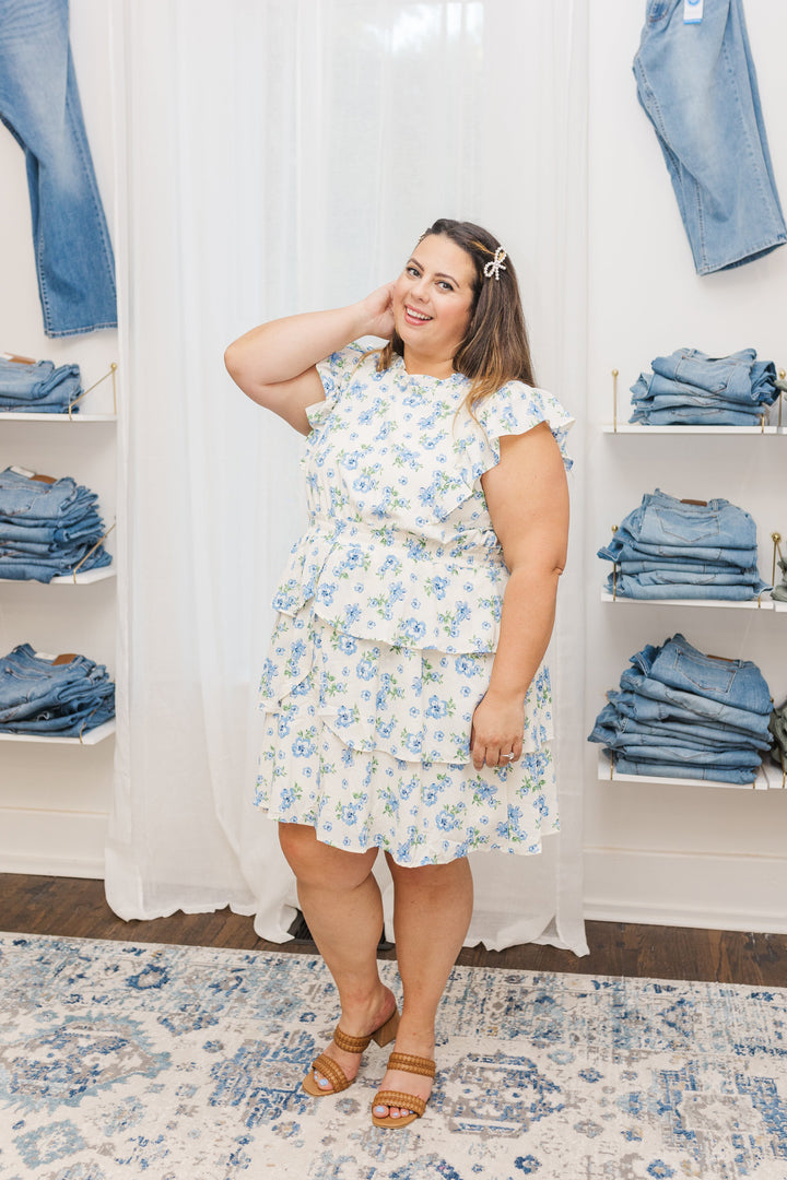 Chrissy Ruffled Sleeveless Dress In Cream and Blue Floral