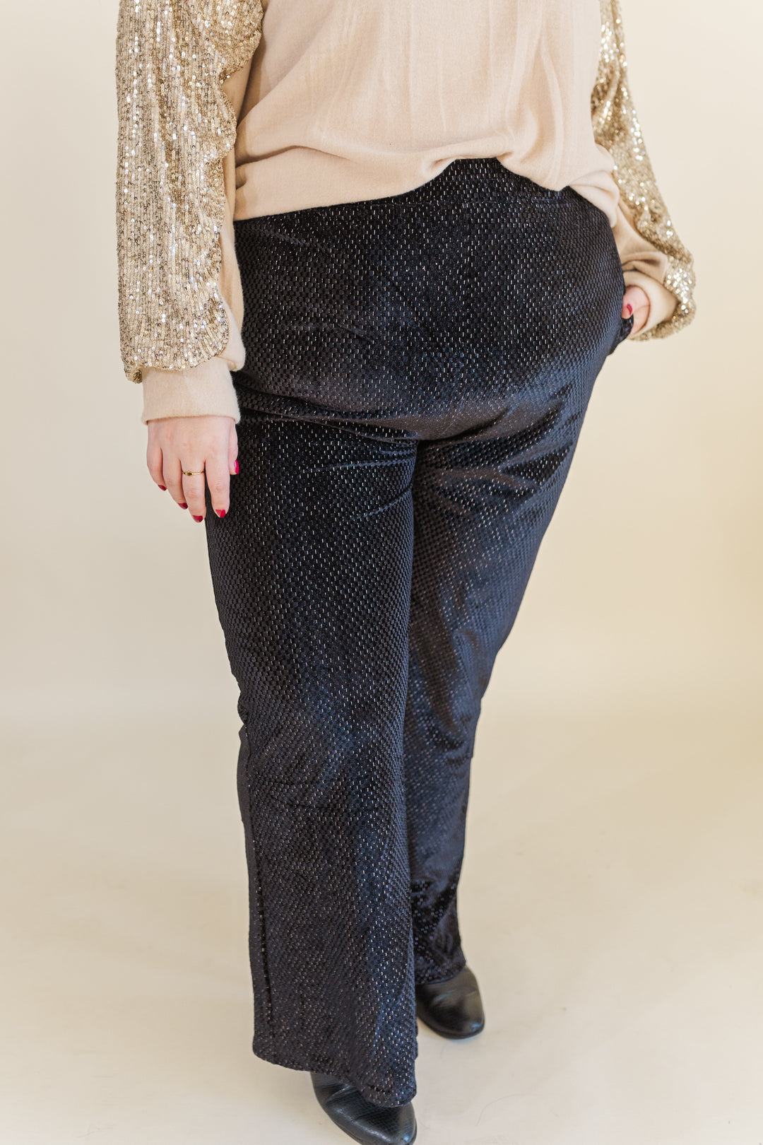 Clara Textured Velvet Wide Leg Pants in Black (Online Exclusive)