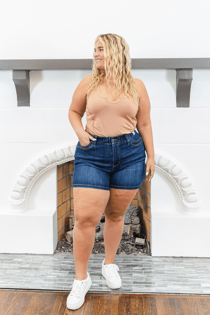 Danielle High Rise Elastic Waist Judy Blue Shorts in Dark Wash - FINAL SALE