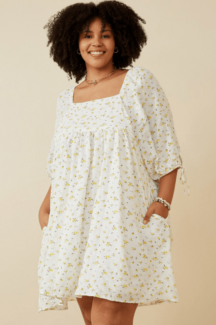 Davina Ditsy Floral Square Neck Short Sleeve Dress in Yellow - FINAL SALE