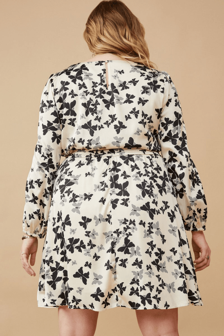 Denise Butterfly Print Smocked Satin Long Sleeve Dress in Cream