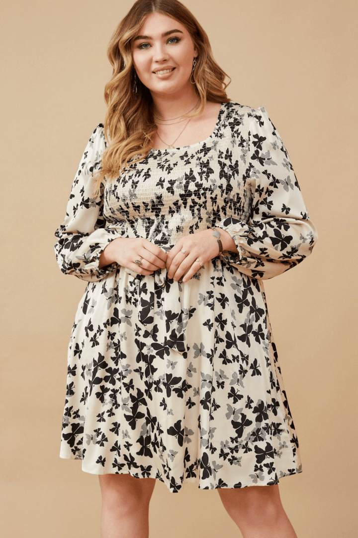 Denise Butterfly Print Smocked Satin Long Sleeve Dress in Cream