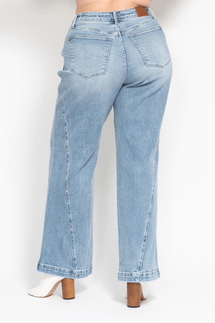 Destiny High Waisted Side Seam Insert Detail Retro Wide Leg Judy Blue Jeans in Medium Wash