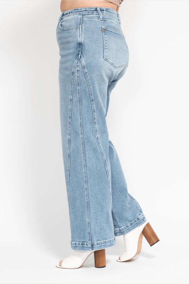 Destiny High Waisted Side Seam Insert Detail Retro Wide Leg Judy Blue Jeans in Medium Wash