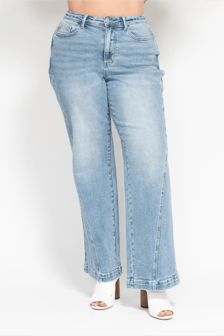 Destiny High Waisted Side Seam Insert Detail Retro Wide Leg Judy Blue Jeans in Medium Wash