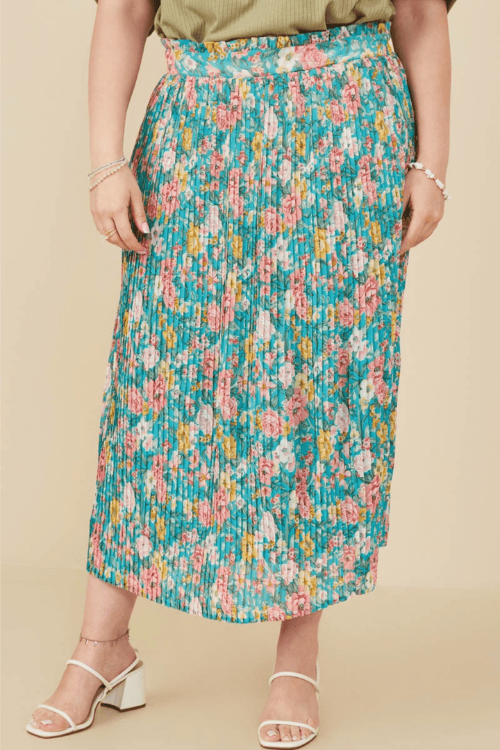 Eden Floral Print Pleated Ruffle Waist Skirt in Teal Floral