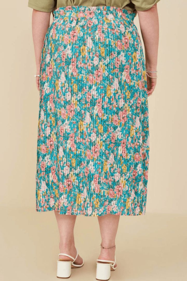 Eden Floral Print Pleated Ruffle Waist Skirt in Teal Floral