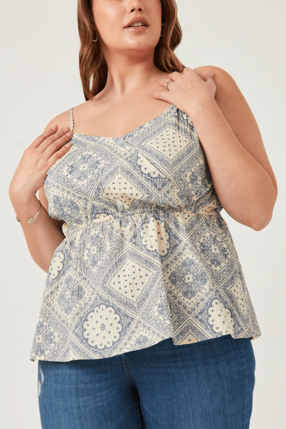 Elaina Antique Quilt Print Surplice Cami in Oatmeal