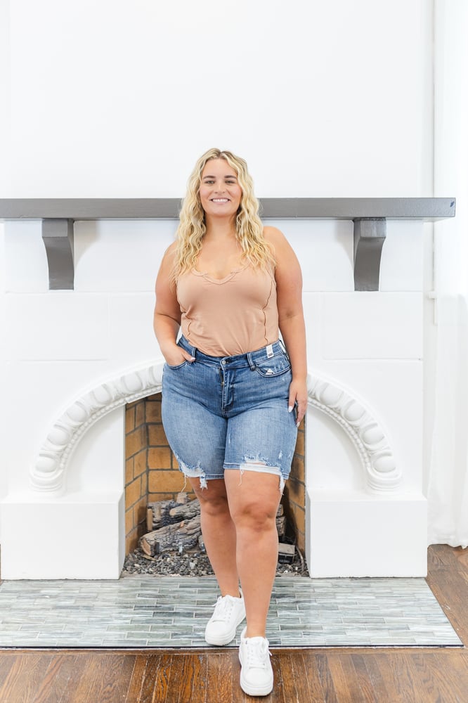 Elara Judy Blue High Waist Distressed Bermuda Jean Shorts - FINAL SALE