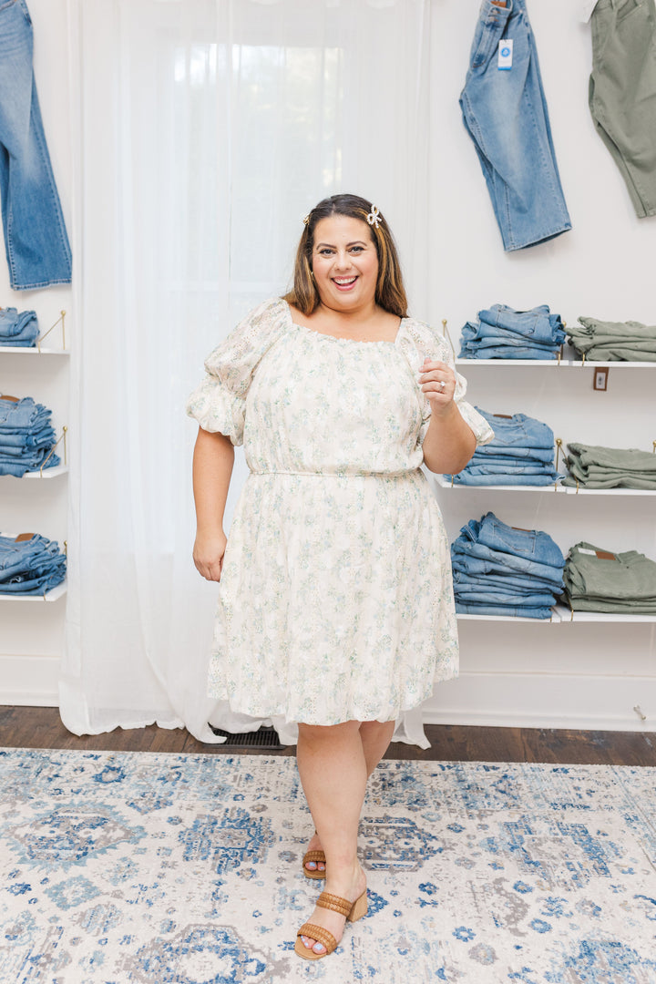 Elle Puff Sleeve Floral Eyelet Dress in Cream