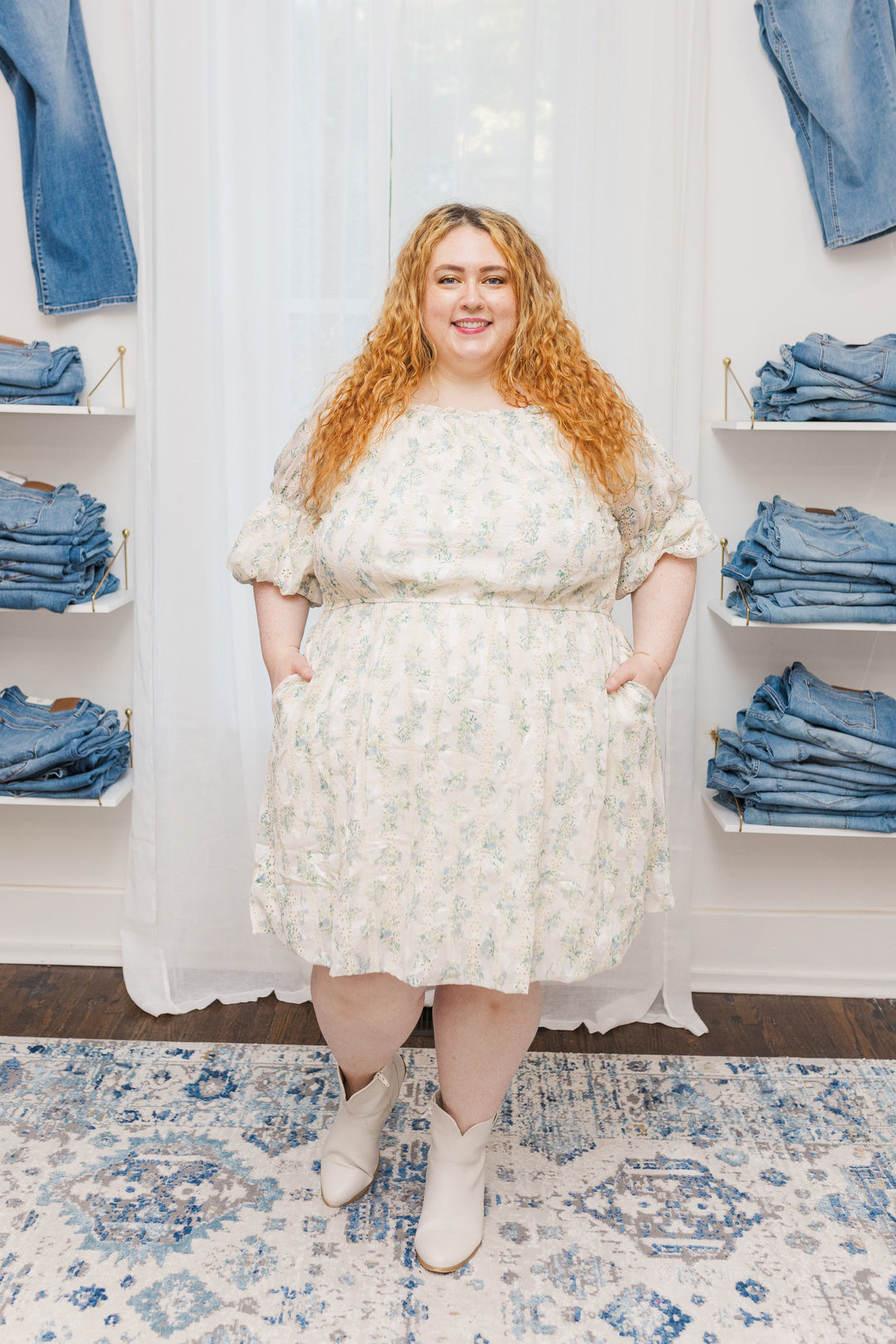 Elle Puff Sleeve Floral Eyelet Dress in Cream