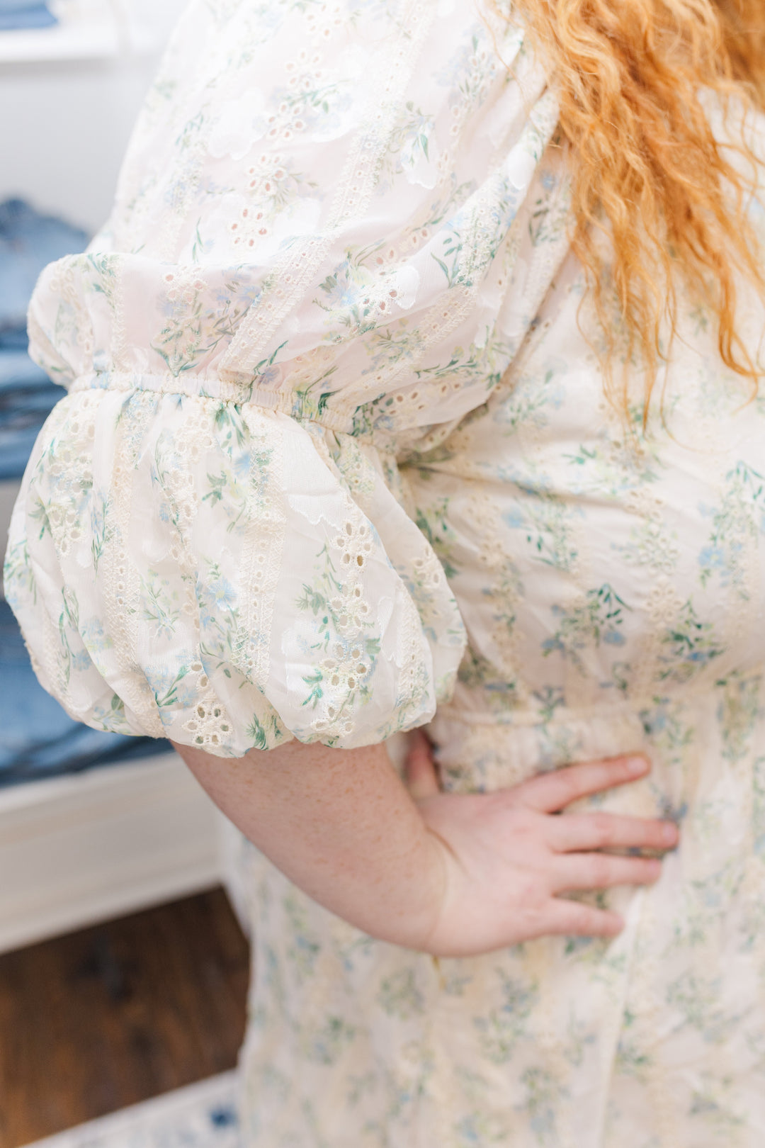 Elle Puff Sleeve Floral Eyelet Dress in Cream