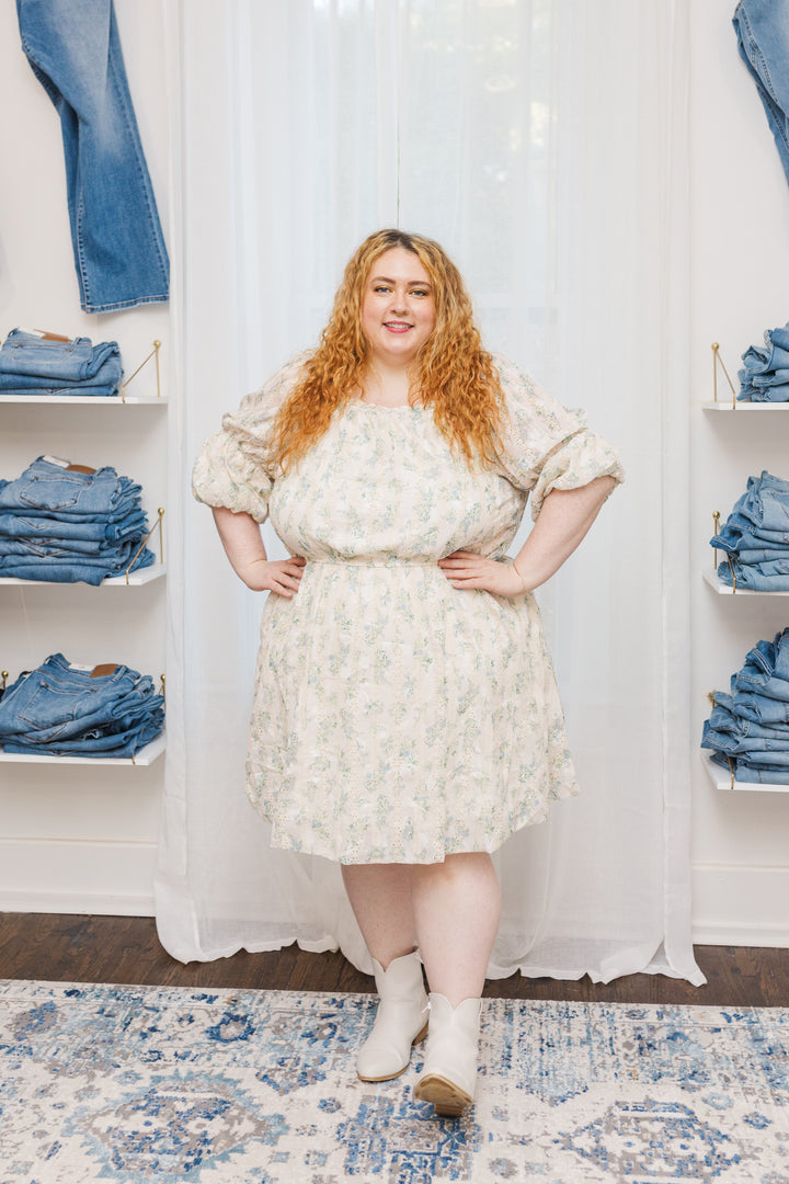 Elle Puff Sleeve Floral Eyelet Dress in Cream