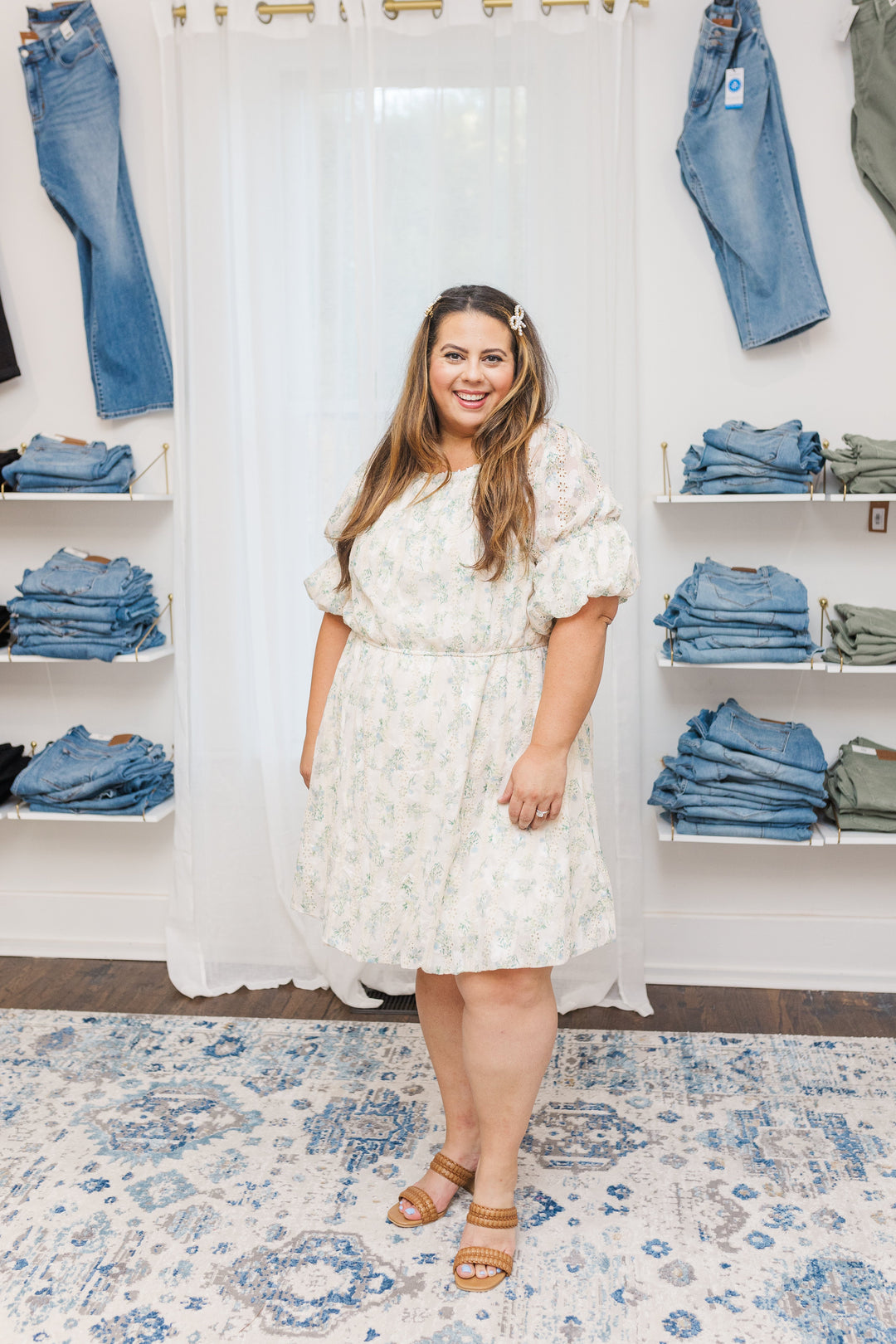 Elle Puff Sleeve Floral Eyelet Dress in Cream