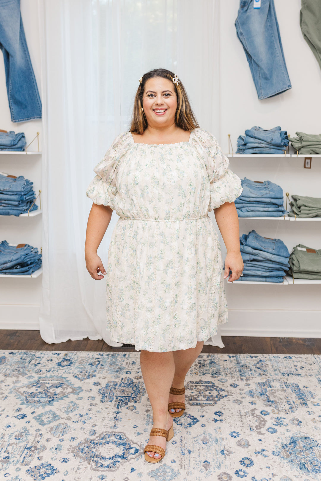 Elle Puff Sleeve Floral Eyelet Dress in Cream