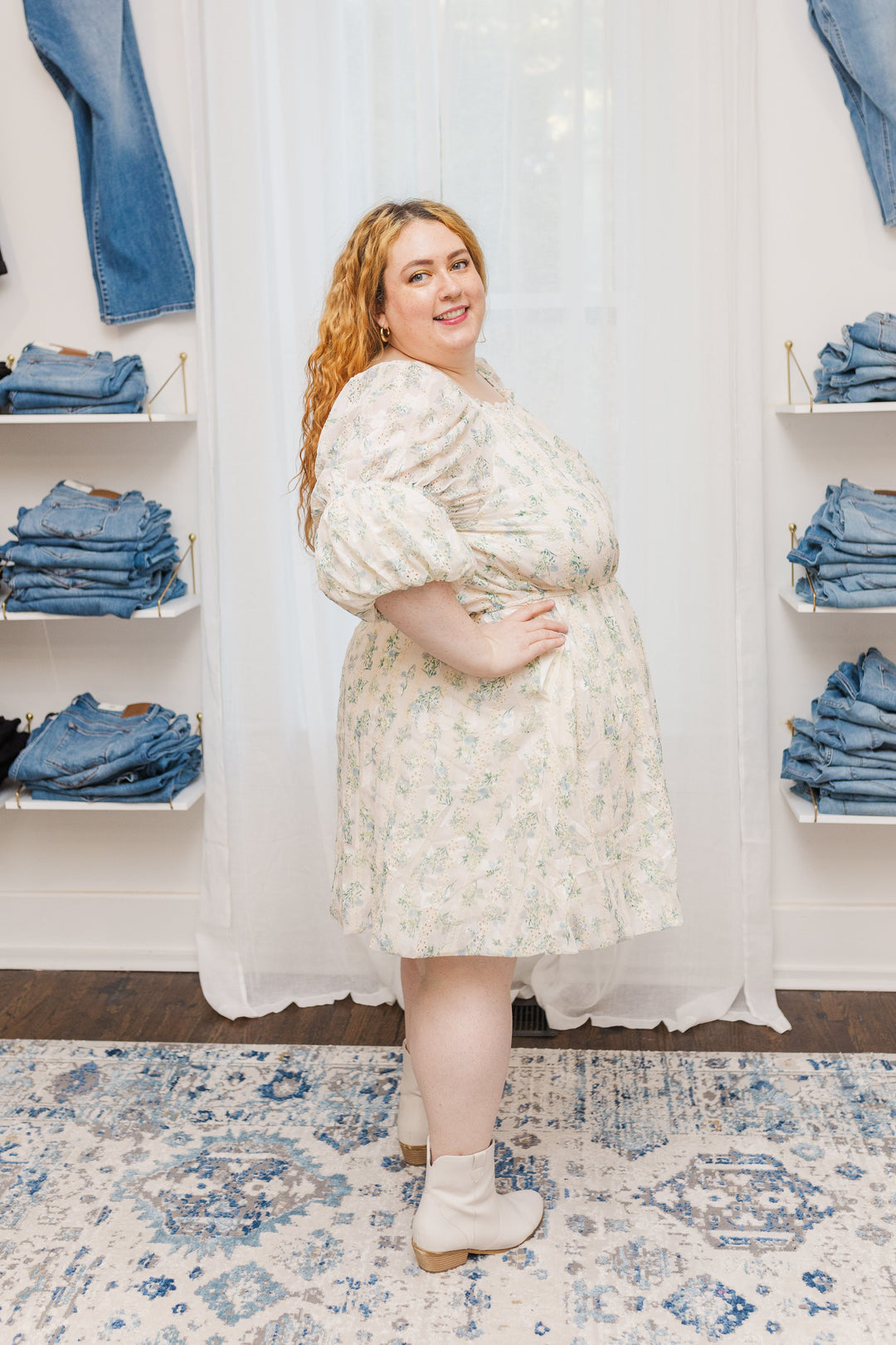 Elle Puff Sleeve Floral Eyelet Dress in Cream
