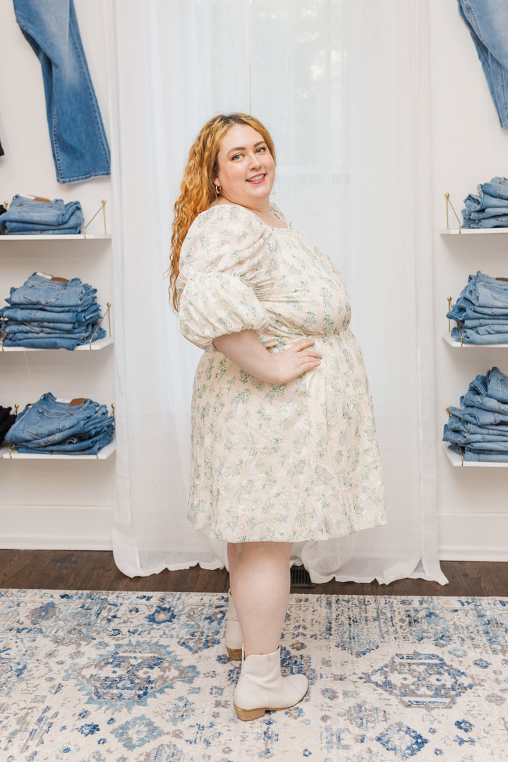 Elle Puff Sleeve Floral Eyelet Dress in Cream