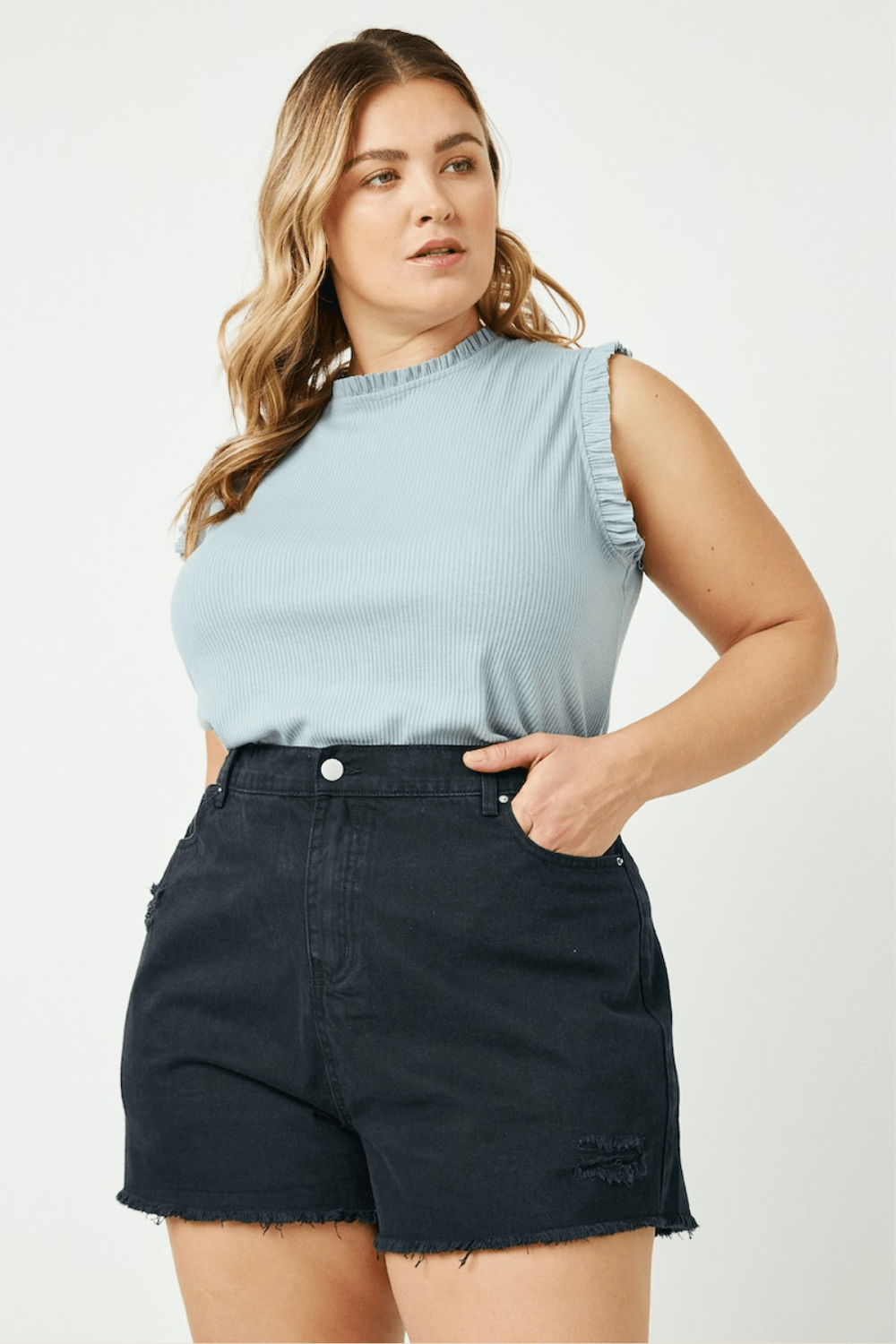 Ember Ribbed Ruffle Trim Knit Tank in Blue – Ari + Ava