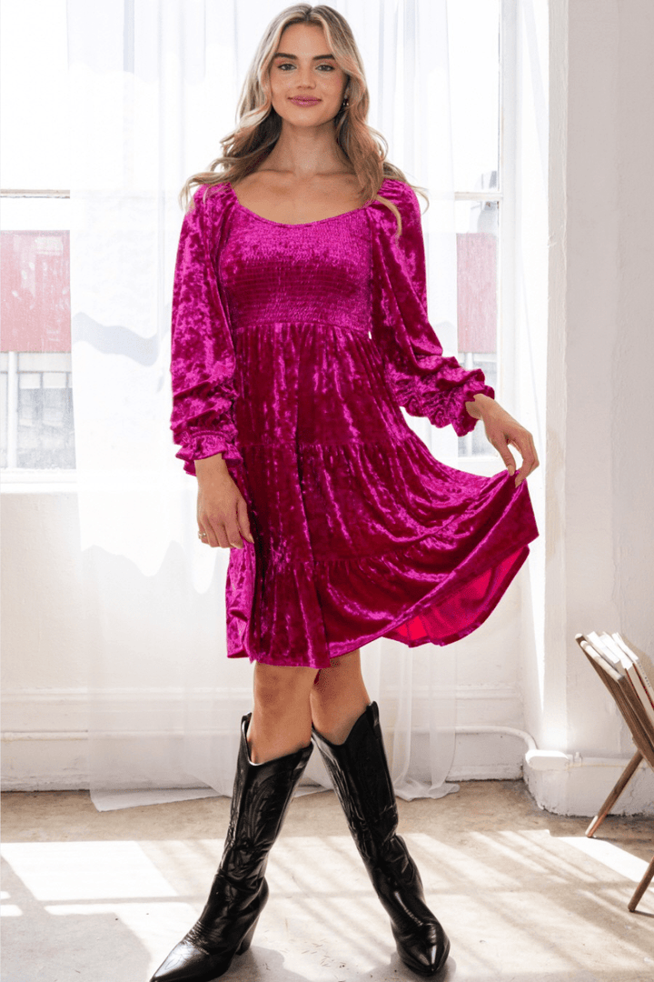 Emery Smocked Bodice Tiered Velvet Mini Dress (Online Exclusive)