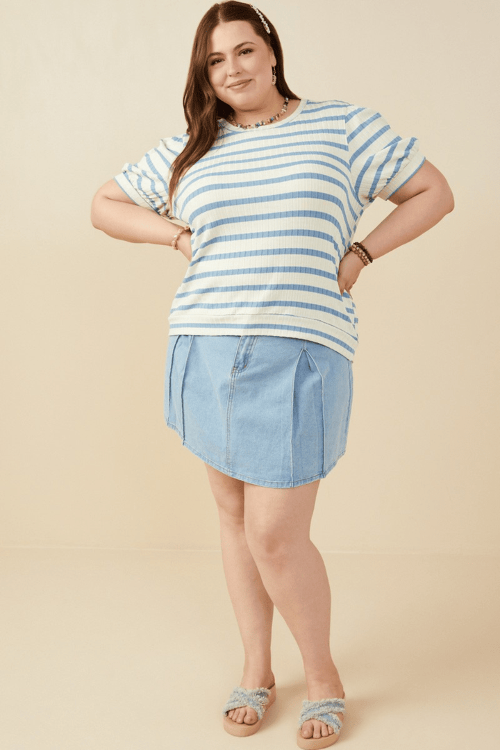 Greer Striped Puff Sleeve Ribbed Knit Top in Blue