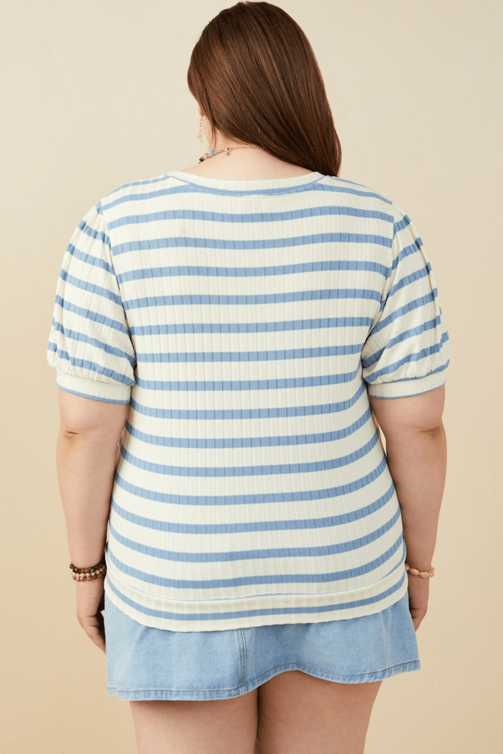 Greer Striped Puff Sleeve Ribbed Knit Top in Blue