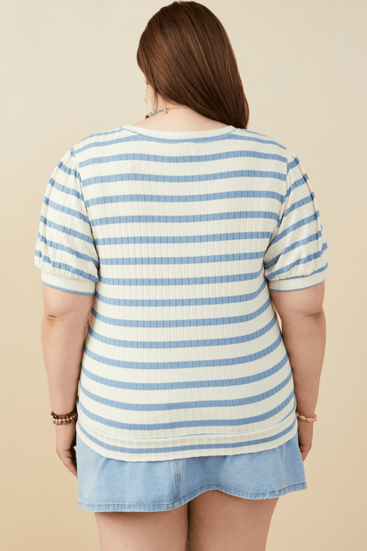 Greer Striped Puff Sleeve Ribbed Knit Top in Blue