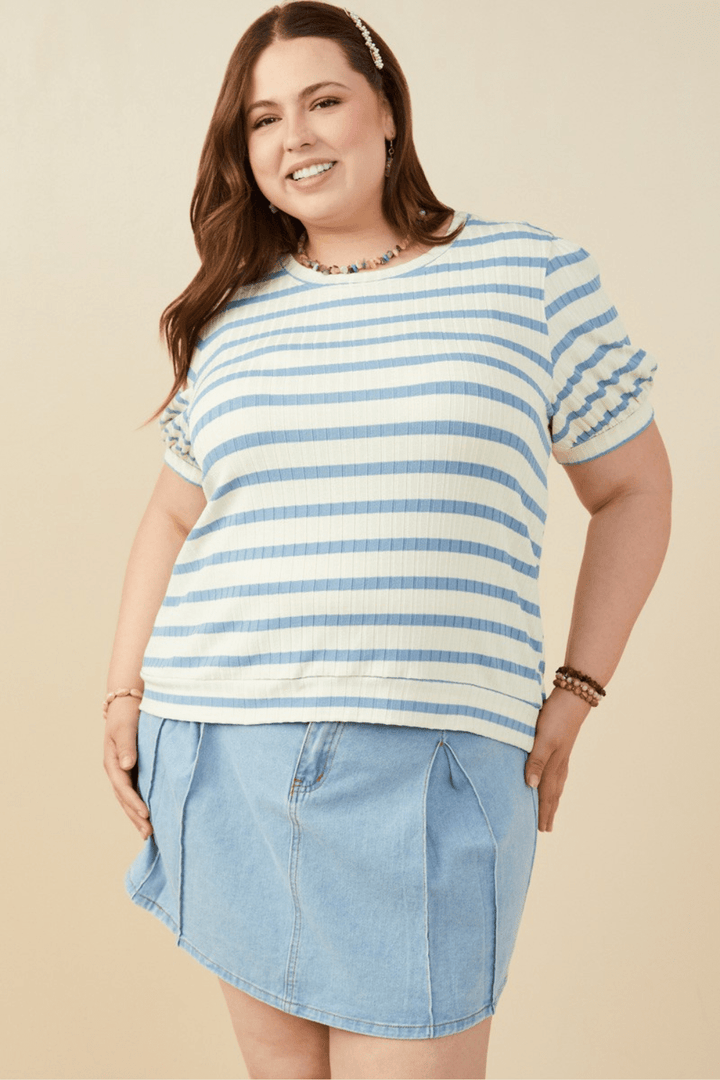 Greer Striped Puff Sleeve Ribbed Knit Top in Blue
