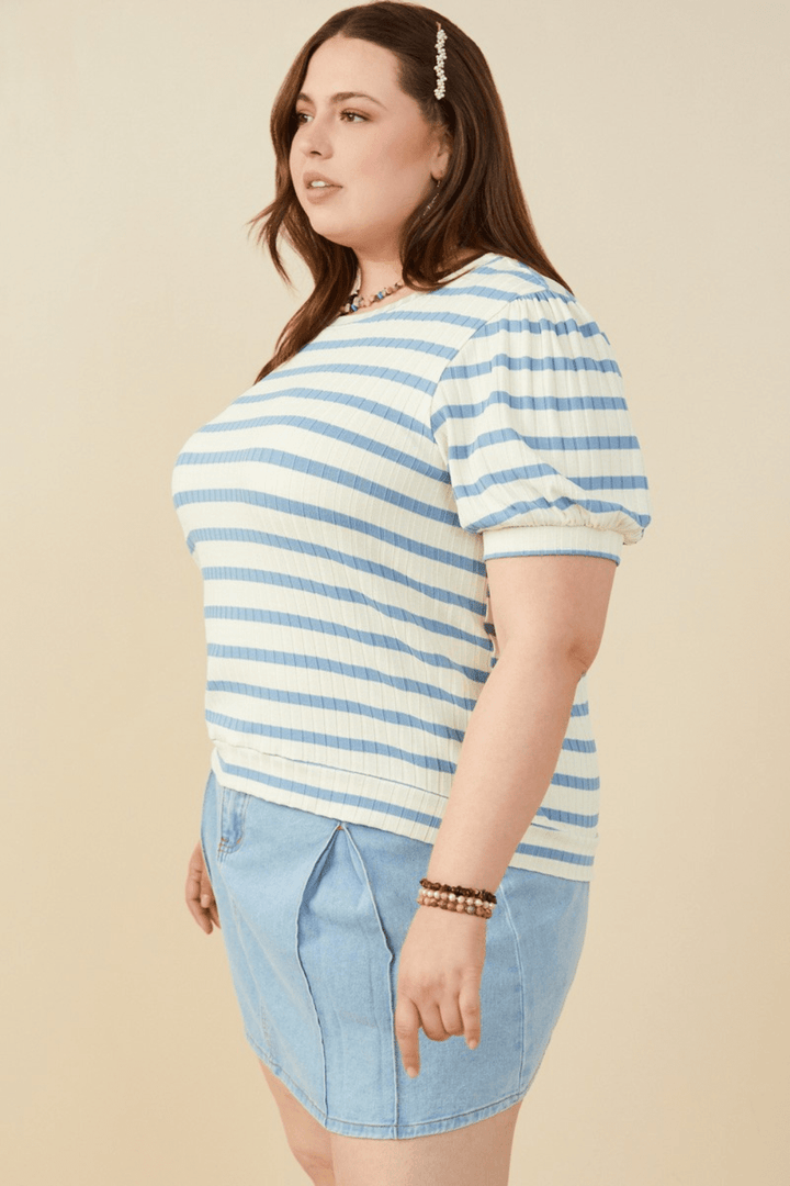 Greer Striped Puff Sleeve Ribbed Knit Top in Blue