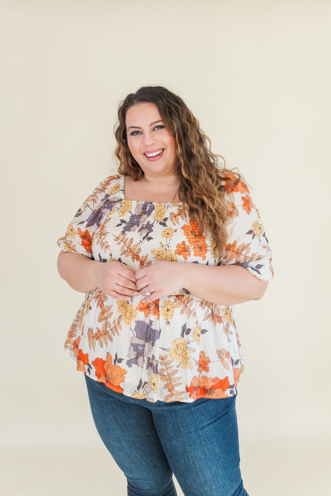 Hadley Puff Sleeve Smocked Blouse in Rust Mix (Online Exclusive)