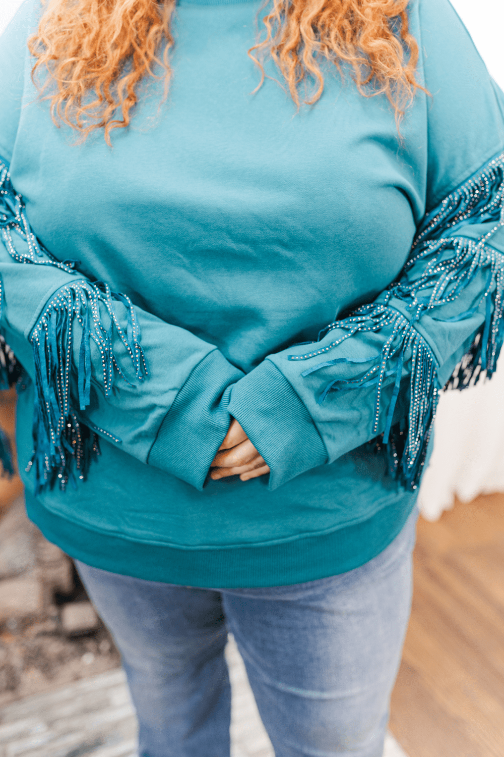 Hannah Studded Fringe Sleeve Sweatshirt in Teal (Online Exclusive)