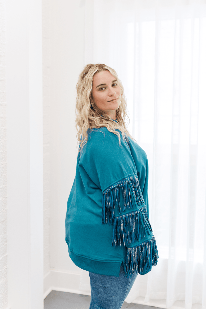 Hannah Studded Fringe Sleeve Sweatshirt in Teal (Online Exclusive)