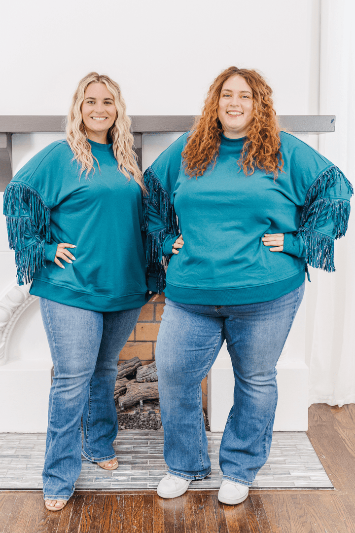 Hannah Studded Fringe Sleeve Sweatshirt in Teal (Online Exclusive)