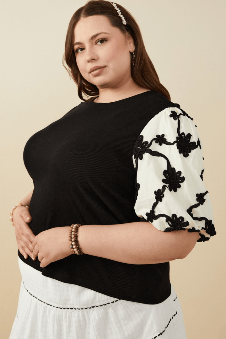 Harlow Embroidered Puff Sleeve Knit Top in Black