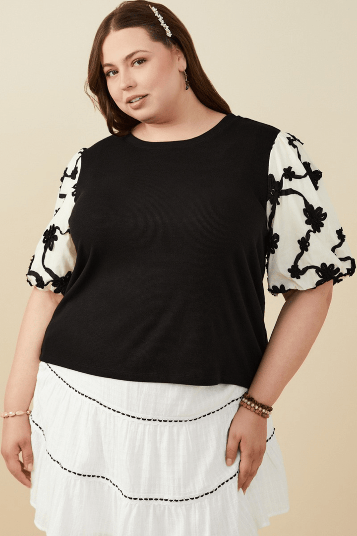 Harlow Embroidered Puff Sleeve Knit Top in Black