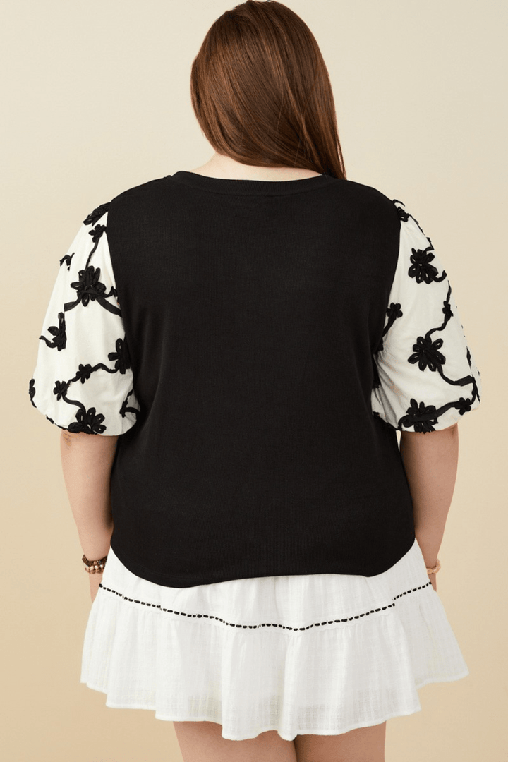 Harlow Embroidered Puff Sleeve Knit Top in Black