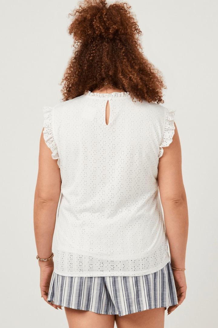 Heidi Eyelet Detail Ruffle Sleeve Tank in Off White