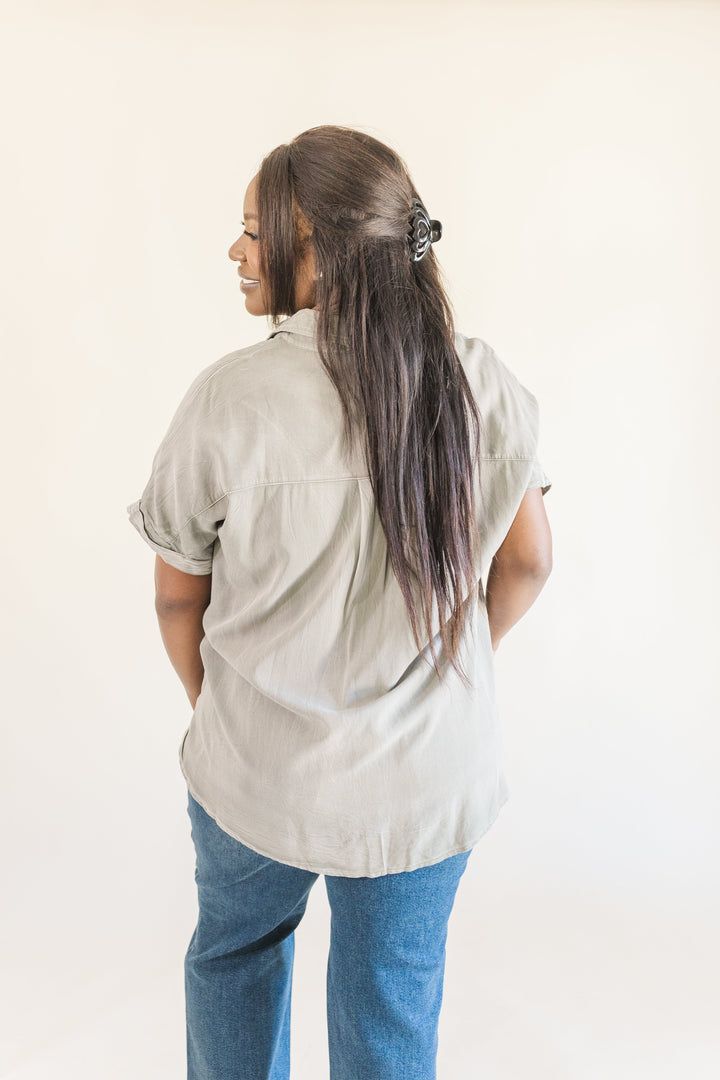 Helena Dolman Washed Tencel Button Up Short Sleeve Top in Sage