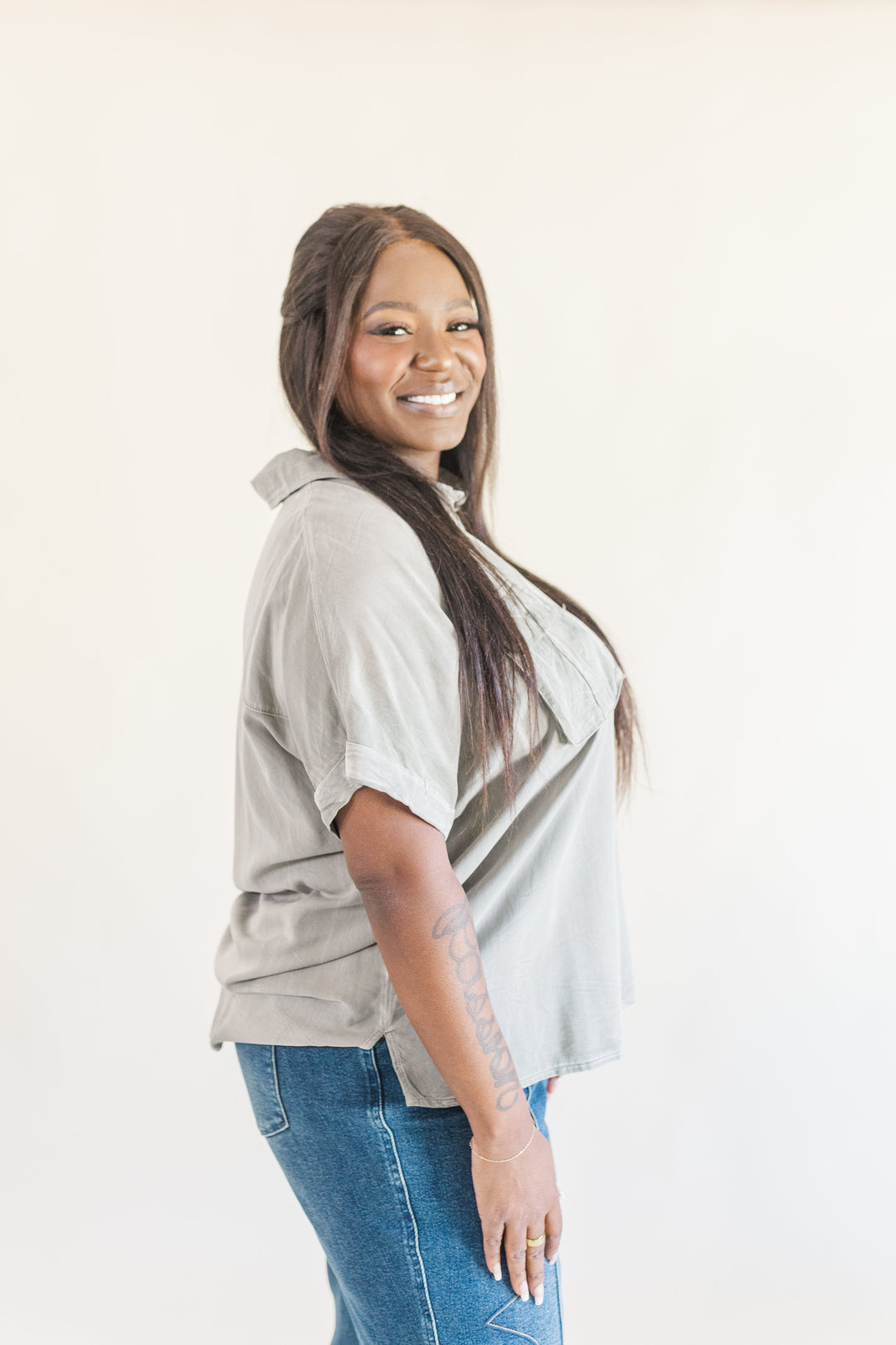 Helena Dolman Washed Tencel Button Up Short Sleeve Top in Sage